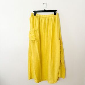 FLAX Womens Yellow Linen Lagenlook Midi Pull On Skirt Size M Boho Artsy Hippie